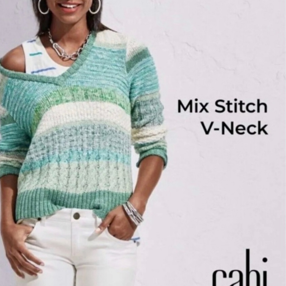Cabi Vneck mix stitch sweater Style 6170 2